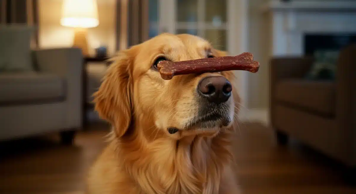 Dog balancing treat on nose for advanced command
