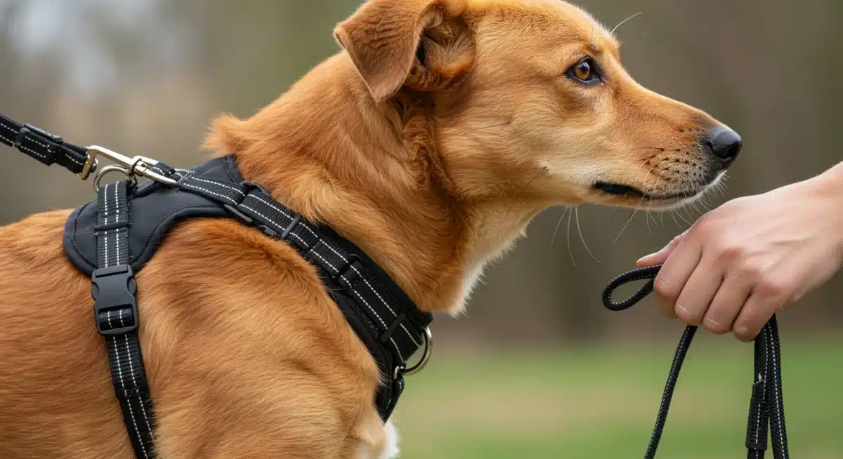 Close-up of dog's collar and leash, showing proper attachment of training tools and correct leash holding technique.