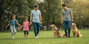 Family enjoying time with a pet dog in a park, symbolizing safe human-animal interaction under 2025 CDC guidelines.
