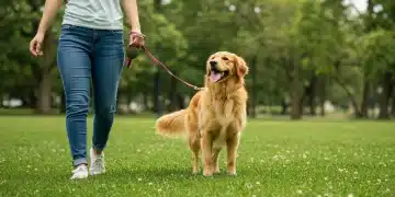 Mastering Leash Manners: 6-Week Program for US Dogs Happy dog walking politely on loose leash with owner in a US park, demonstrating excellent leash manners.