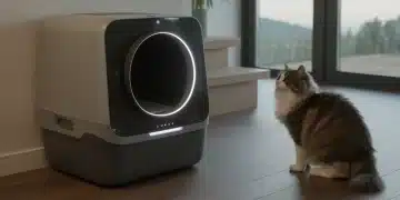 Self-Cleaning Litter Boxes: 2025 Investment Review Modern self-cleaning litter box with a cat observing