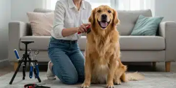 Owner brushing a golden retriever at home, saving grooming costs