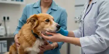 Pet owner and veterinarian examining a dog for early cancer signs