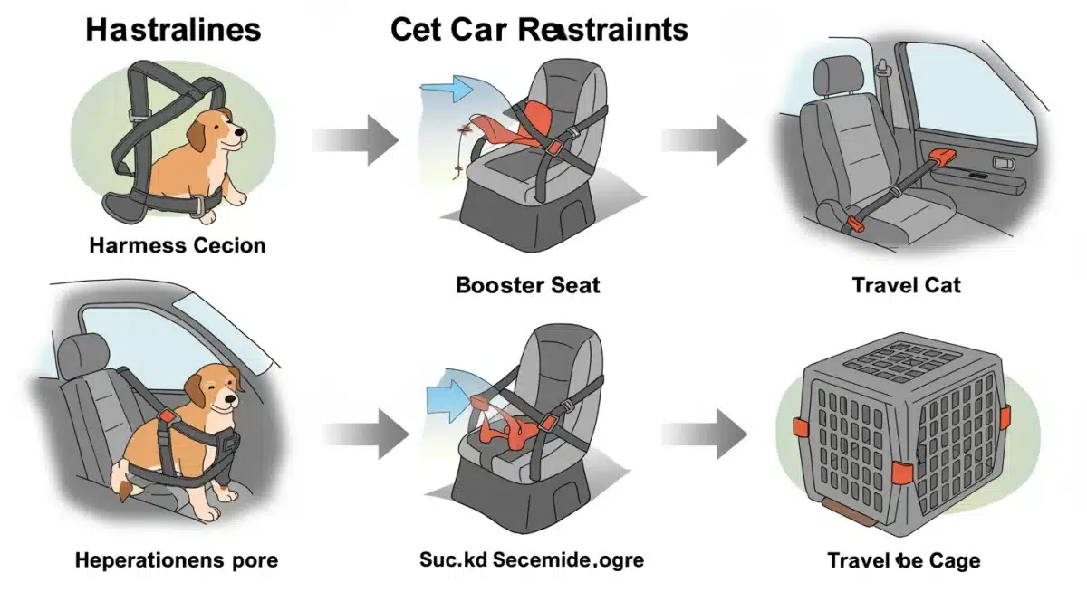 Diagram of various pet car restraint types and proper installation