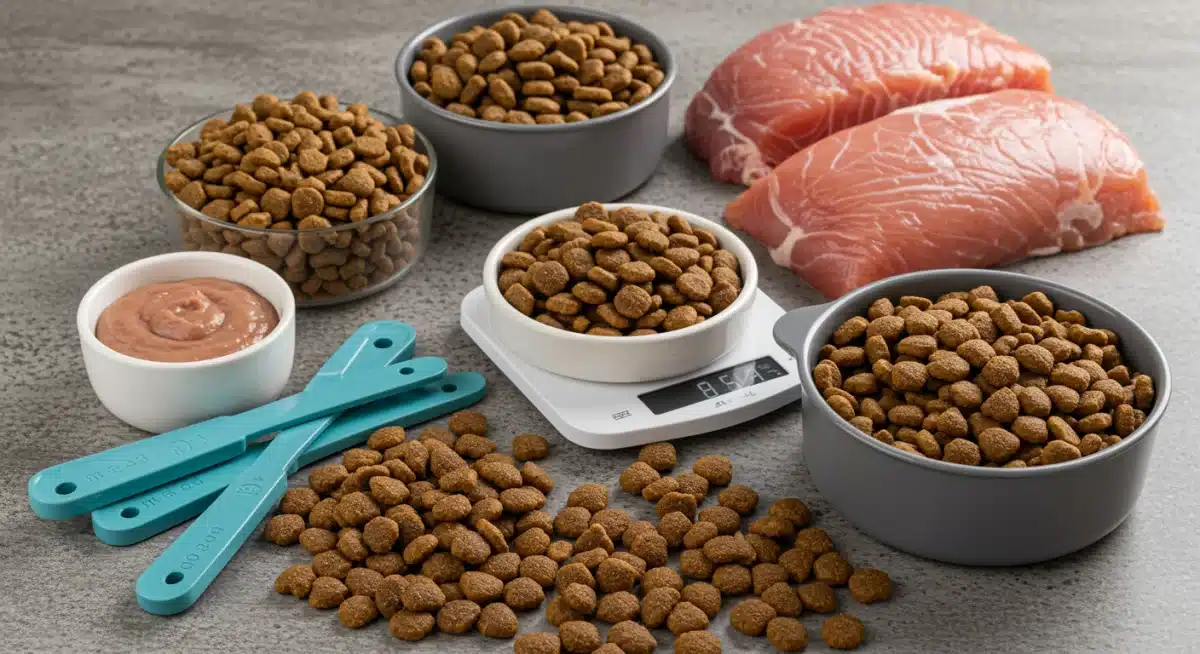 Variety of pet food options with measuring tools for portion control