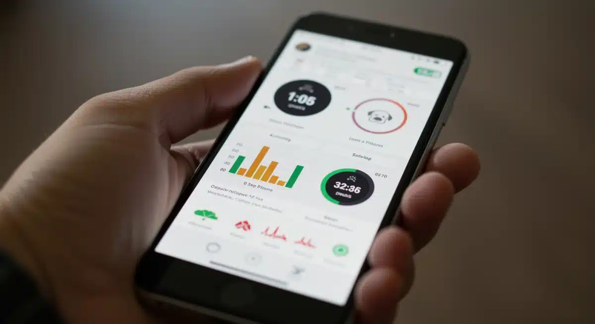Smartphone displaying detailed pet health monitoring app dashboard with activity and sleep data.