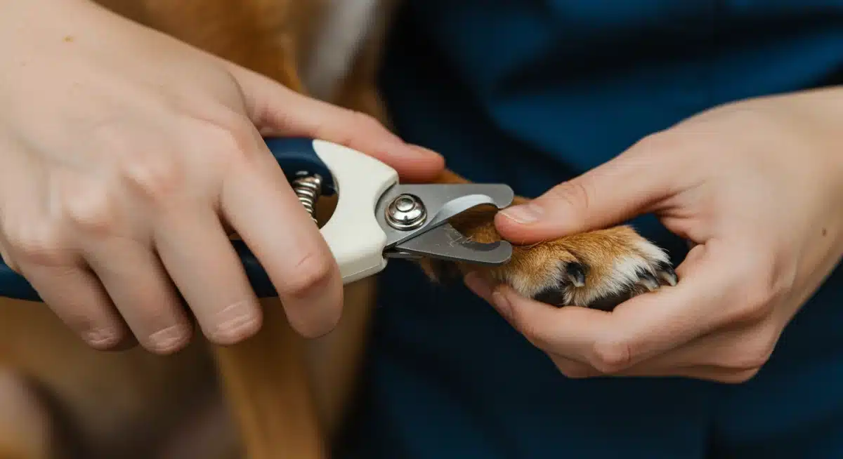Pet owner safely trimming dog's nails at home