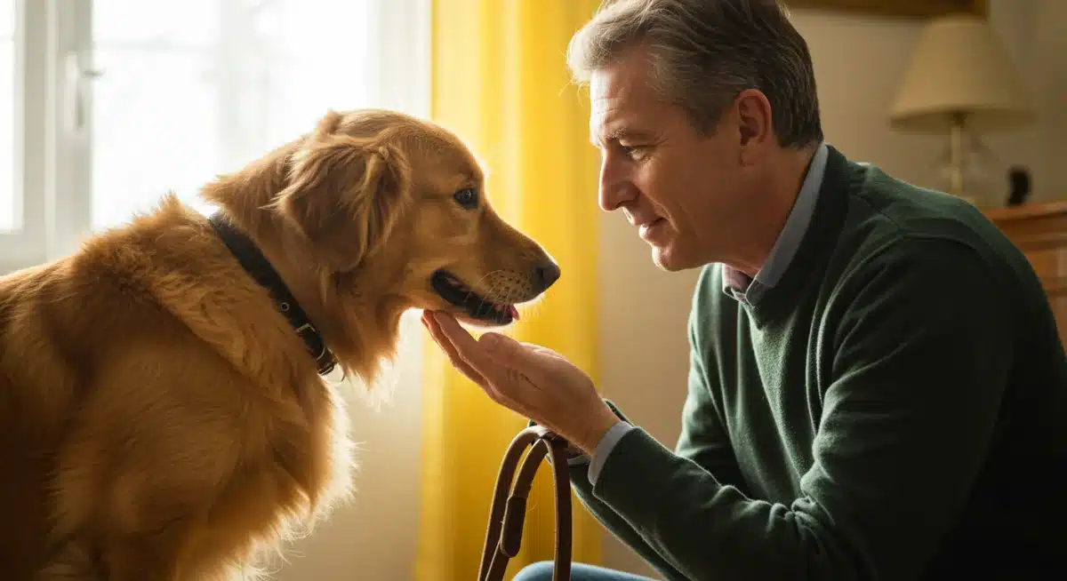 Owner using positive reinforcement with dog, gentle interaction, happy dog.