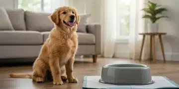 Golden retriever puppy sitting by a potty pad, indicating successful house training.
