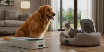 Unboxing & Review: Innovative Pet Gadgets of Early 2025 Golden retriever interacting with smart pet feeder, showcasing innovative pet gadgets.