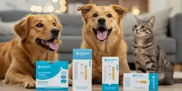 Four leading pet DNA test kits displayed with a happy dog and curious cat in a home setting.
