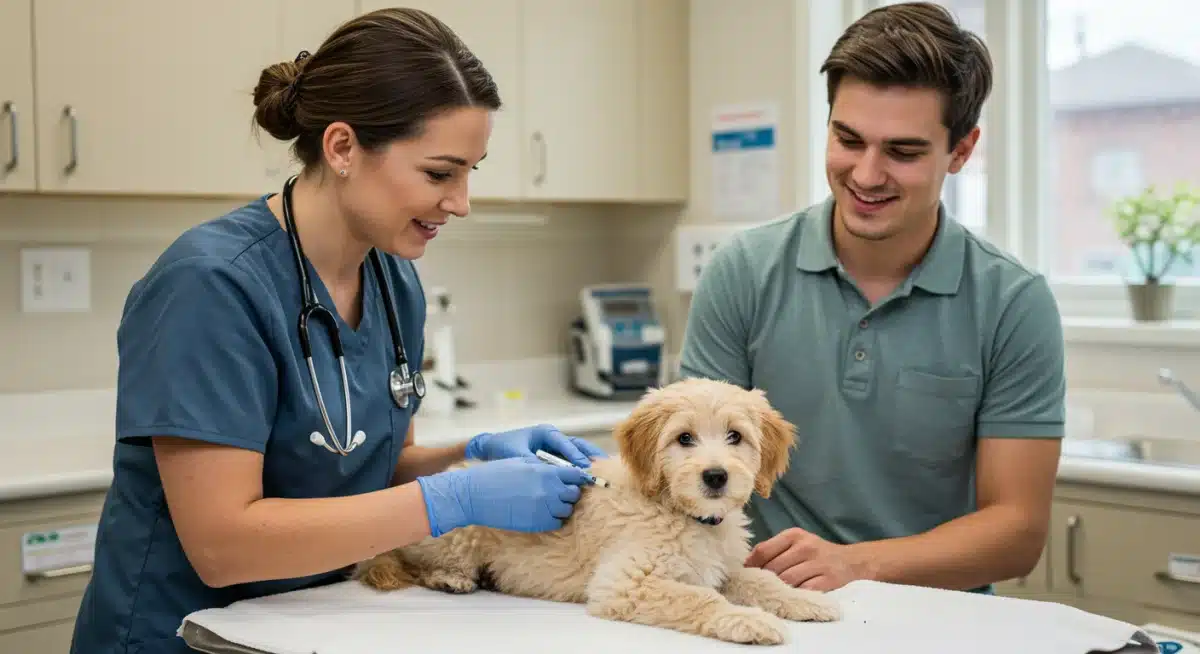 Veterinarian administering vaccine to calm puppy