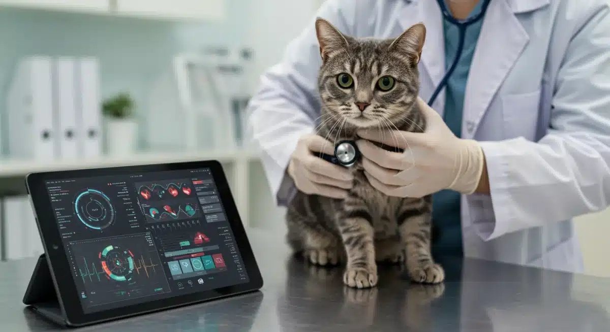 Veterinarian performing diagnostic check on a cat with advanced tools