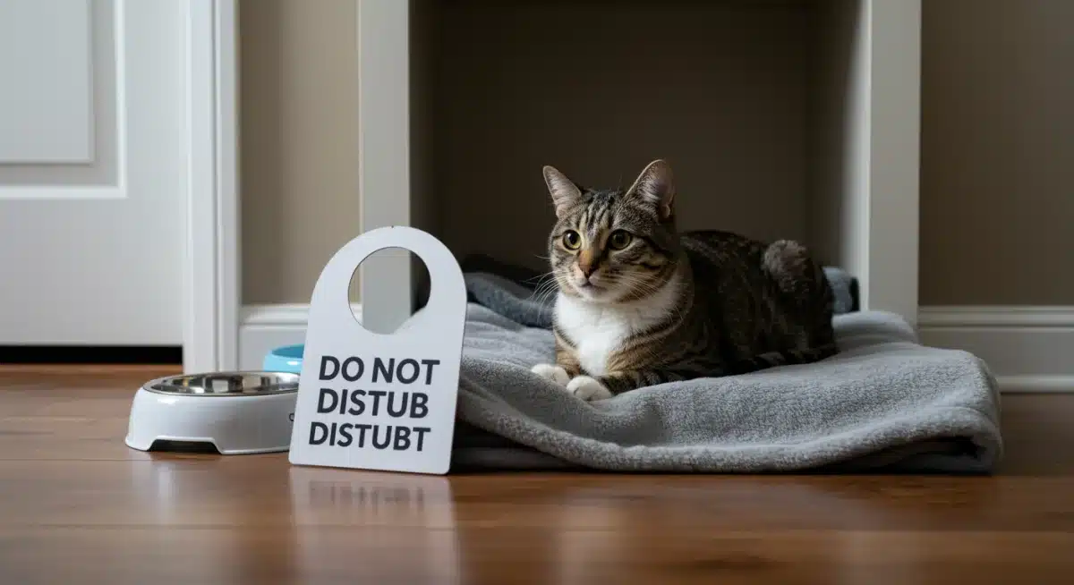 Calm cat relaxing in a designated quiet zone, illustrating a safe haven for new pets