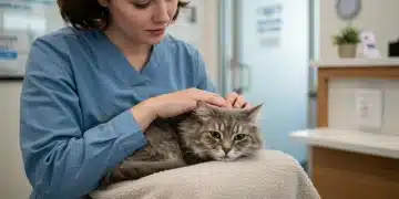 Concerned owner comforting elderly cat with subtle kidney disease symptoms