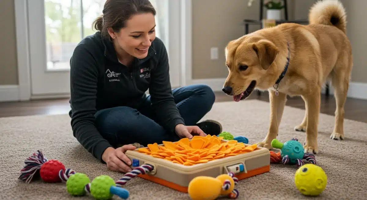 Dog engaged with puzzle toy for mental enrichment