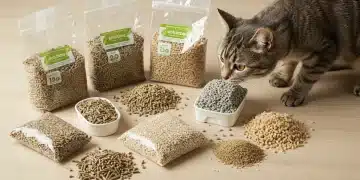 Assortment of eco-friendly pet litter brands with a curious cat, highlighting sustainability.