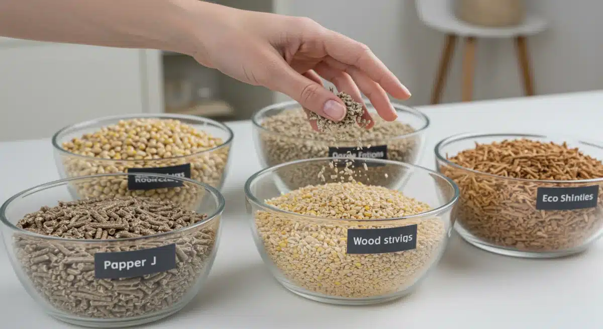 Close-up of various eco-friendly litter types, showing texture and composition.