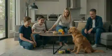 Family welcoming new golden retriever puppy into their harmonious US home
