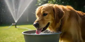 Golden retriever drinking water in a shaded backyard during summer