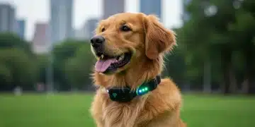 Modern smart pet collar on golden retriever in park