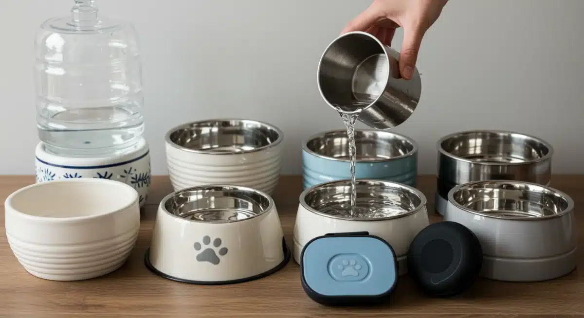 Assortment of pet water bowls with fresh water being poured