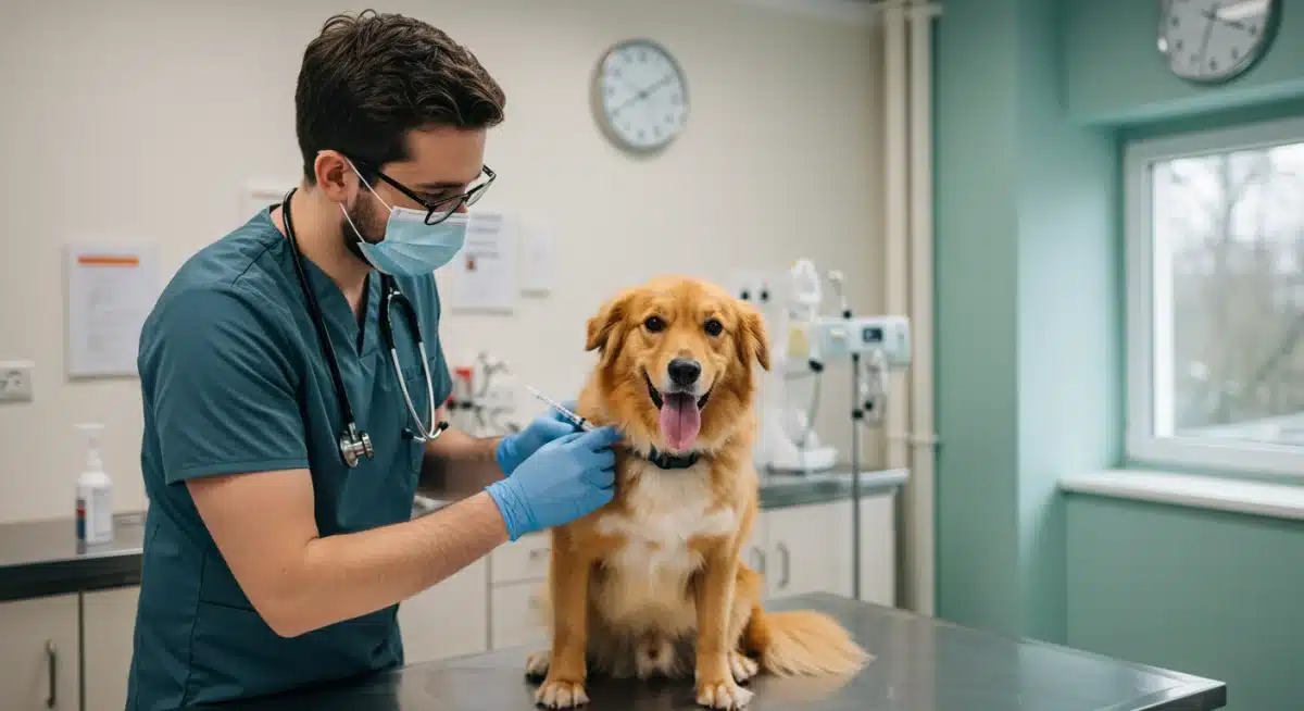 Veterinarian administering vaccine to dog for canine influenza prevention
