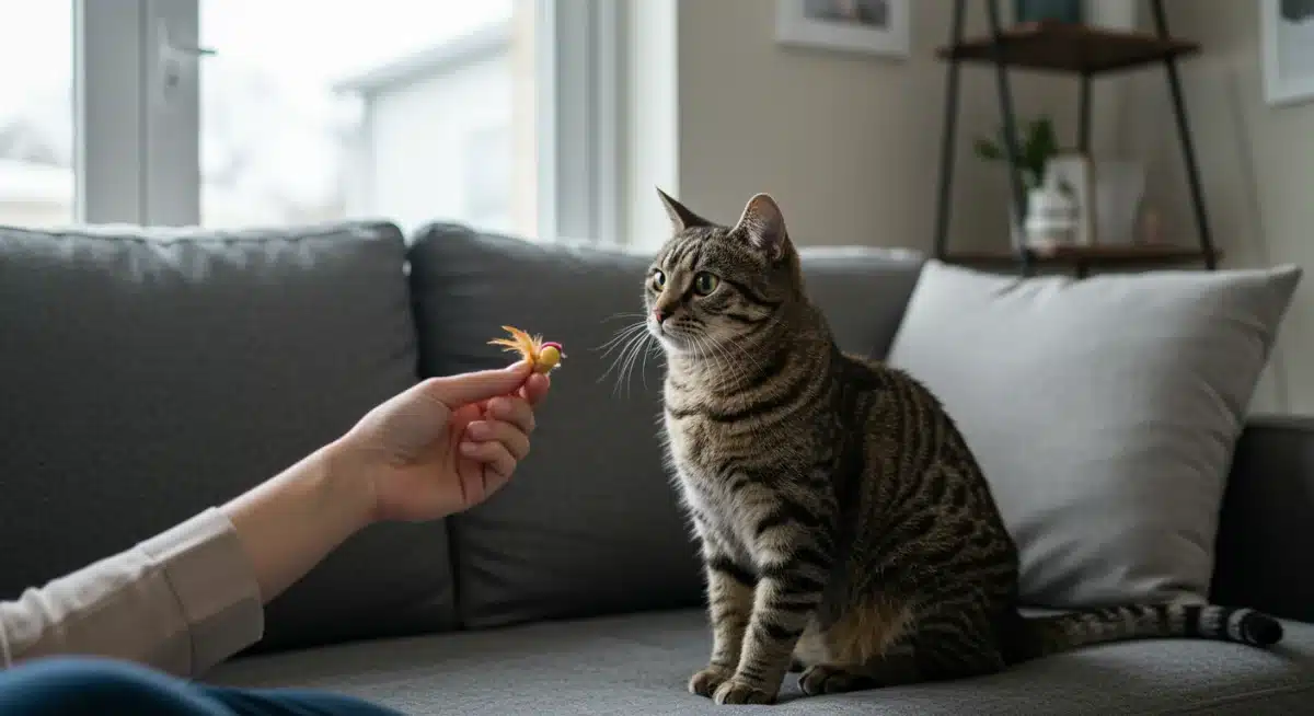 Calm cat engaging with owner during positive reinforcement training with a toy.