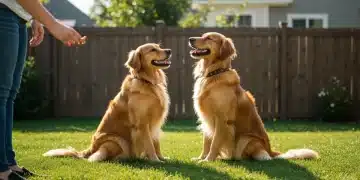 Happy golden retriever performing 'sit' for a treat from its owner, demonstrating positive reinforcement.