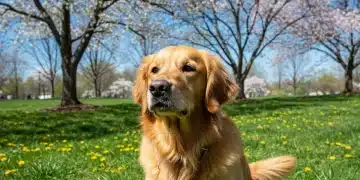Golden retriever dog with seasonal allergies sniffing flowers in a park.