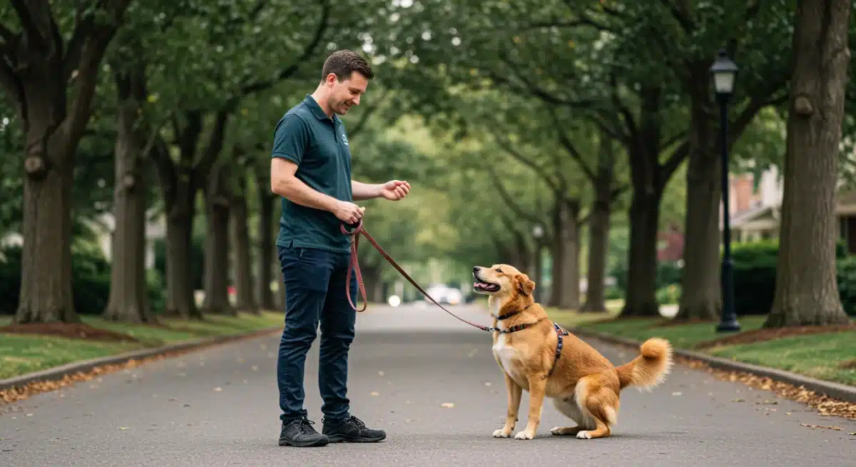 Professional dog trainer teaching loose-leash walking with positive reinforcement.