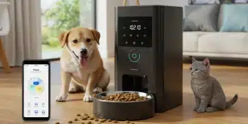 Modern automated pet feeder with digital display, dog and cat eating, smartphone app control icon
