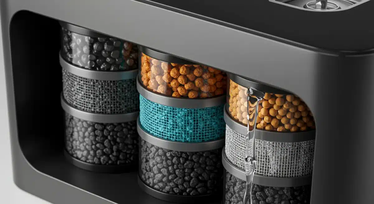 Detailed view of a multi-stage filtration system in a smart pet water fountain