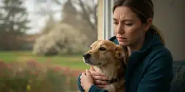 Owner comforting sneezing dog amidst climate change-induced pollen