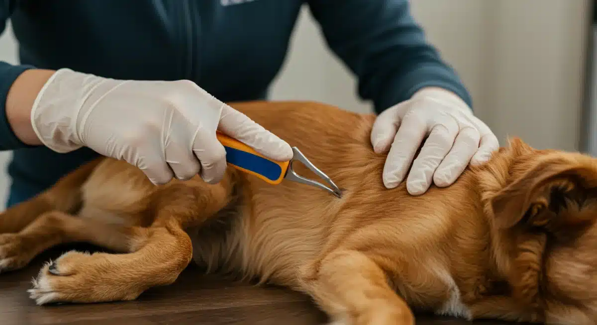 Pet owner checking dog for ticks with removal tool, emphasizing diligent inspection.