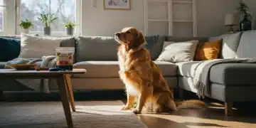 Owner using positive reinforcement with a happy golden retriever in a home setting.