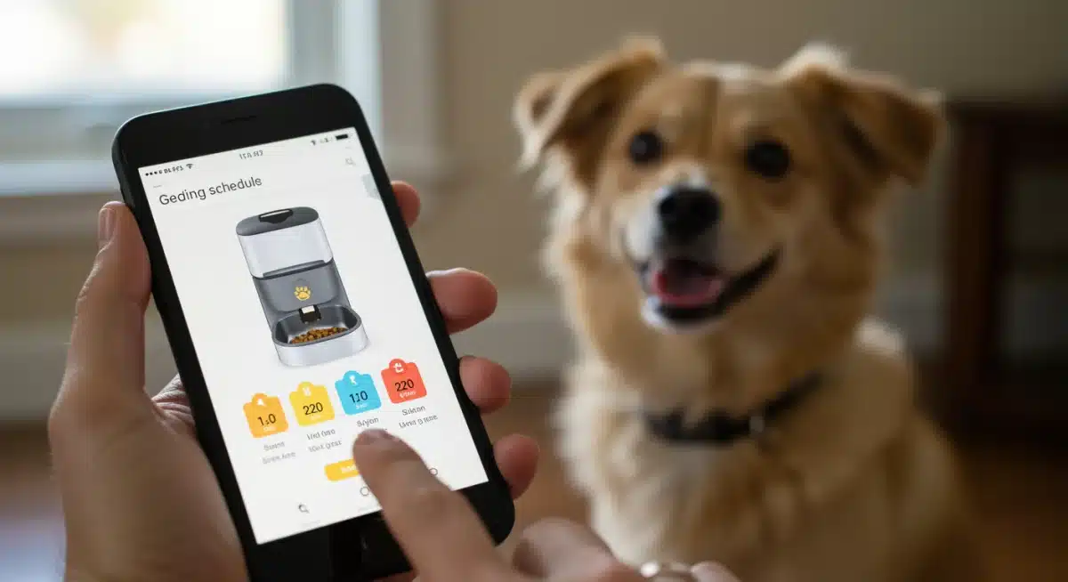 Pet owner using smartphone app for automated pet feeder schedule and portion control