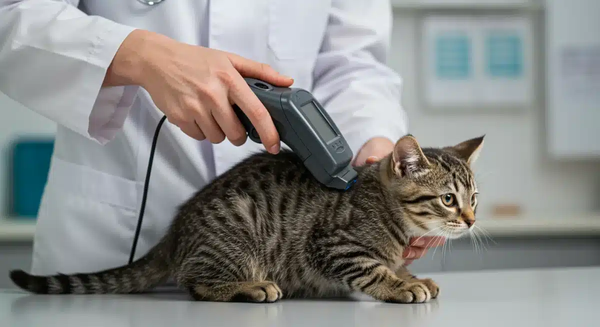 Veterinarian scanning a cat for microchip identification.