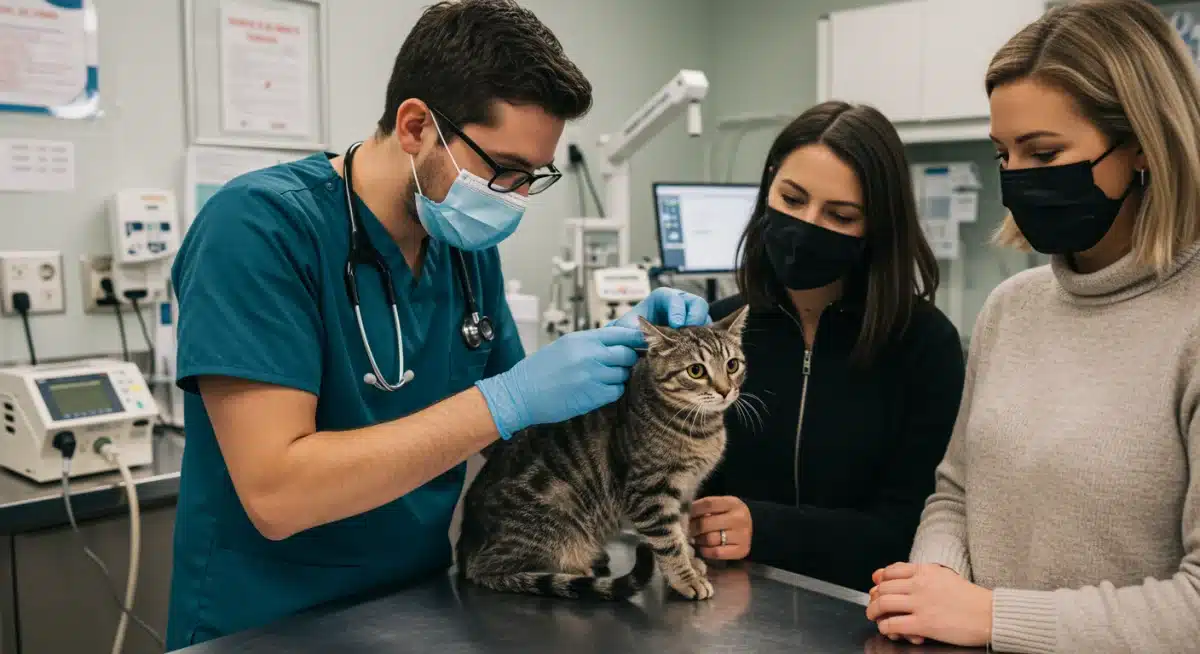 Veterinarian examining a cat's ear for allergy symptoms.