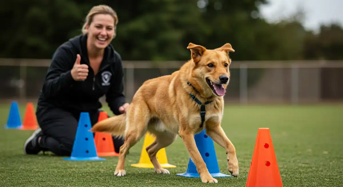 Dog performing a complex trick with a happy trainer, showcasing advanced clicker training results.