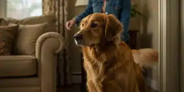 Anxious golden retriever looking out window as owner leaves