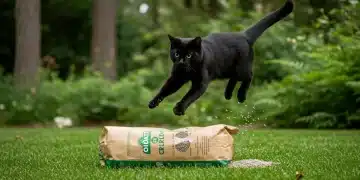 Black cat jumping over eco-friendly cat litter bag in a sustainable setting.