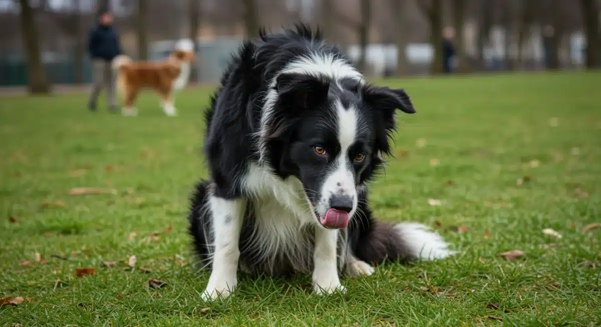 Border collie showing stress signals like tucked tail and lip licking.