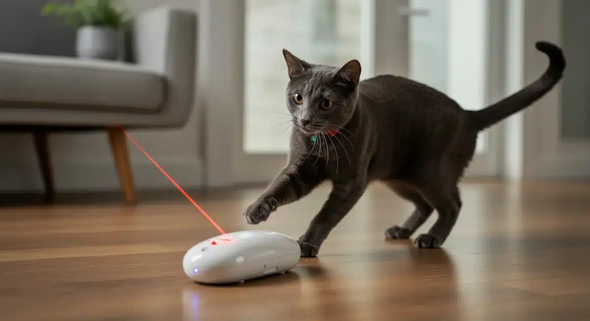 Cat playing with automated laser pointer toy