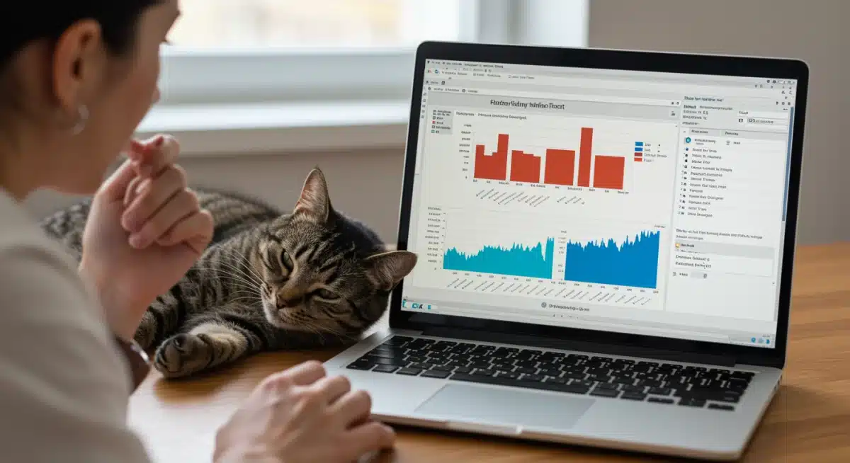 Cat owner reviewing veterinary blood test results on a laptop with their cat.