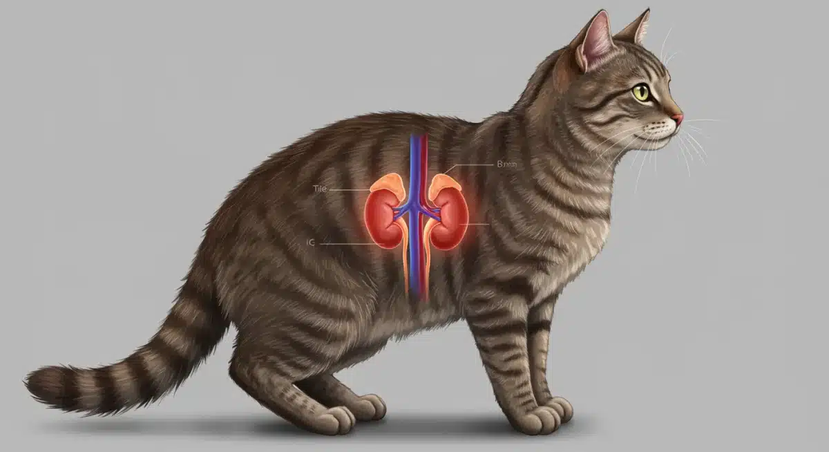Detailed illustration of a cat's urinary system and kidneys