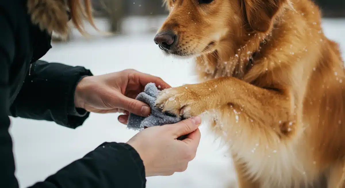 Person cleaning dog's paws after snow walk, emphasizing winter paw care
