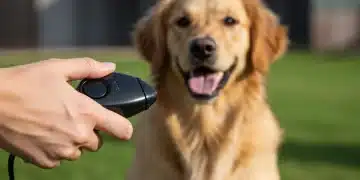 Hand holding a clicker with a golden retriever in the background, signaling positive reinforcement.