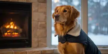 Golden retriever in a winter coat by a fireplace, symbolizing winter pet safety