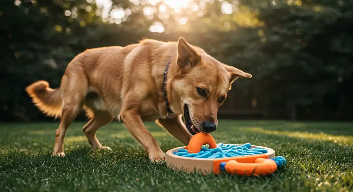 Dog engaged with interactive puzzle toy, preventing boredom barking
